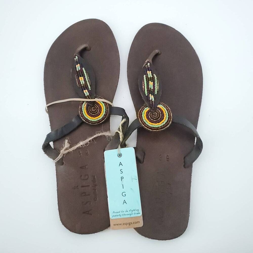 Aspiga Kenyan Handcrafted Brown Leather Multi Color Glass Beaded Thong Sandal|39